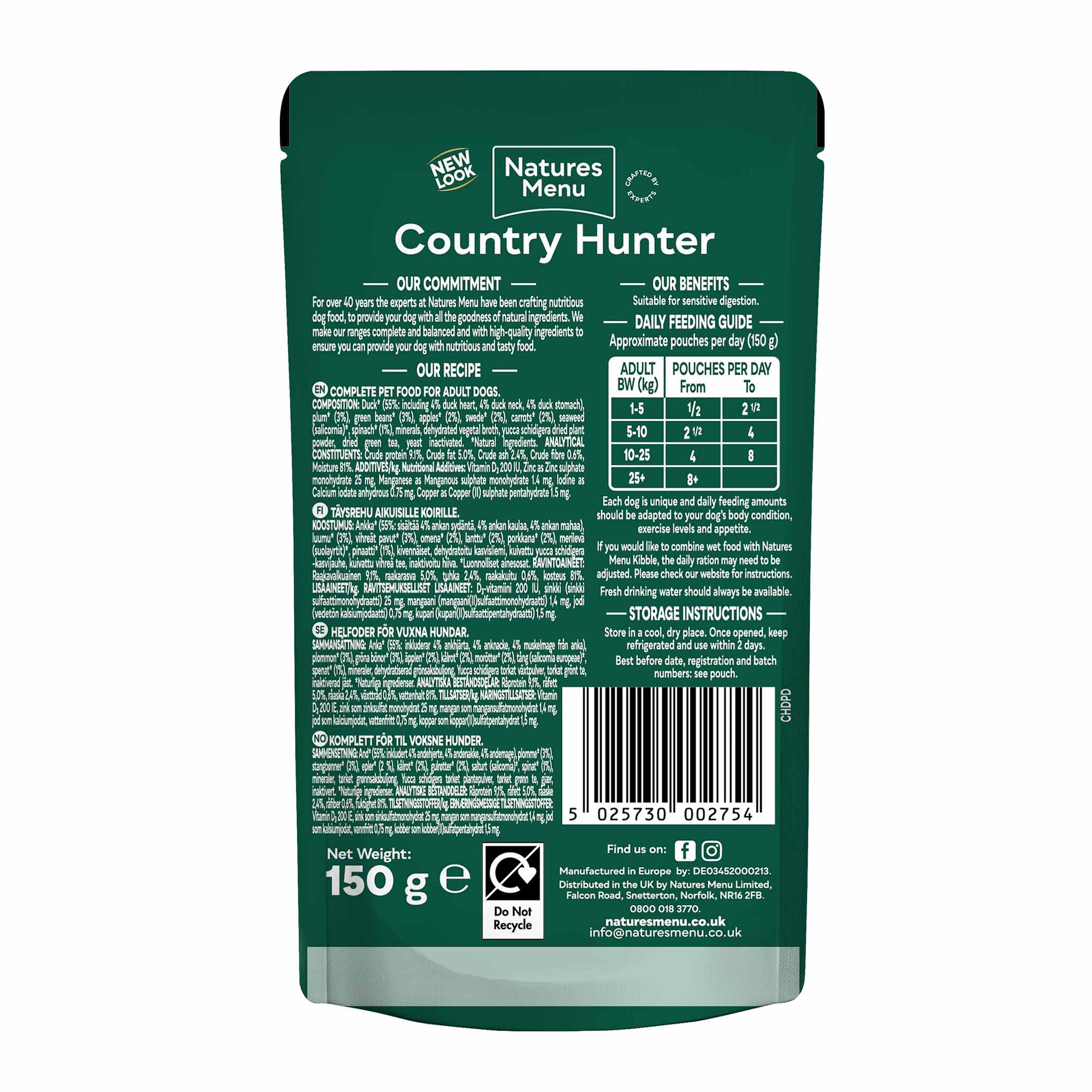 Country Hunter Adult Wet Dog Food - Duck - 6x150g Pouches - Image 2