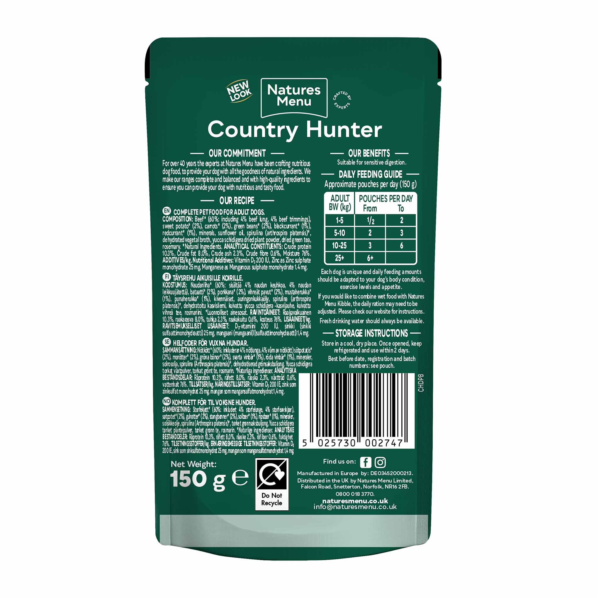 Country Hunter Adult Wet Dog Food - Grass-Fed Beef - 6x150g Pouches - Image 2