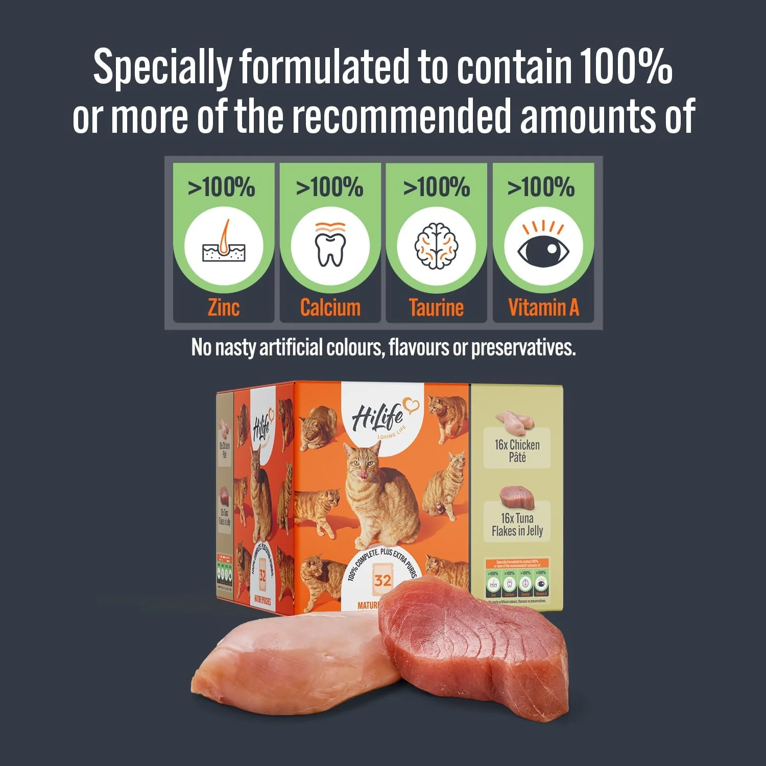 HiLife Mature Wet Cat Food - Chicken Pate & Tuna in Jelly - 32x70g Pouches - Image 4