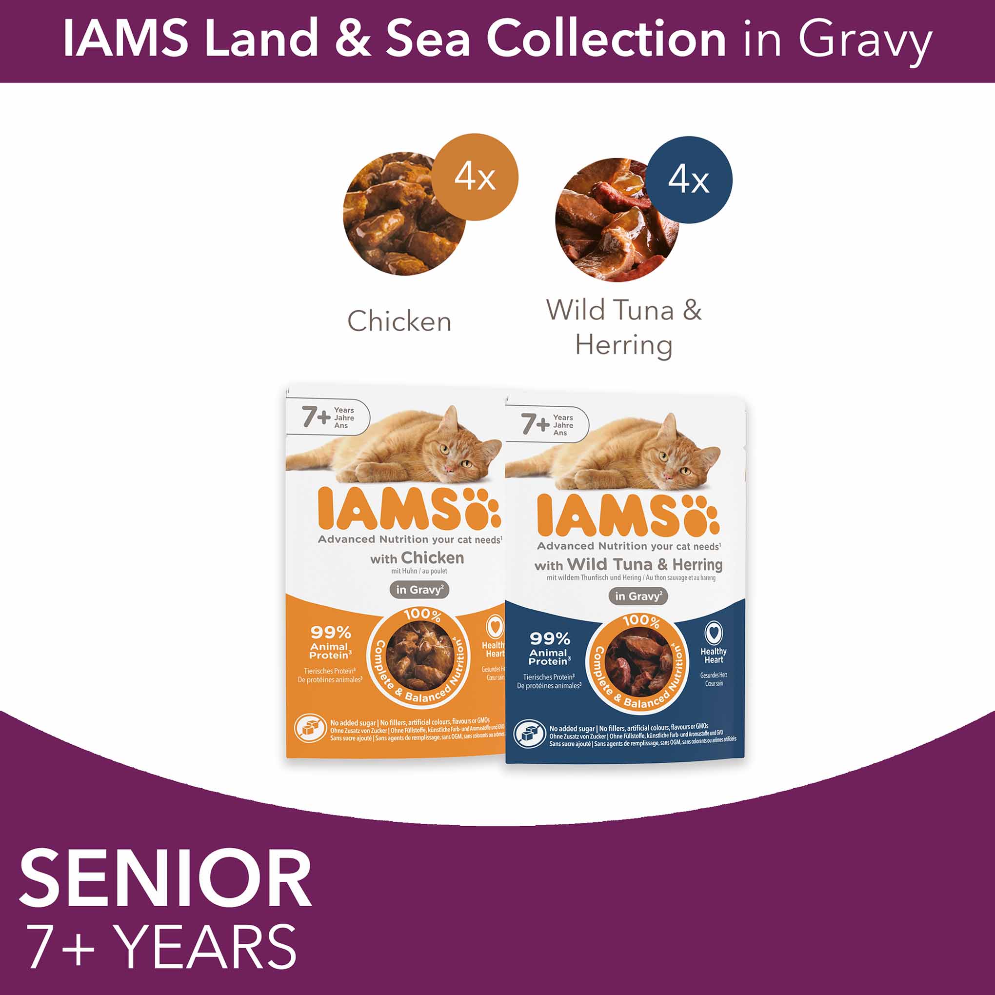 Iams Senior Wet Cat Food in Gravy - Land & Sea Collection - 8x85g Pouches - Image 4