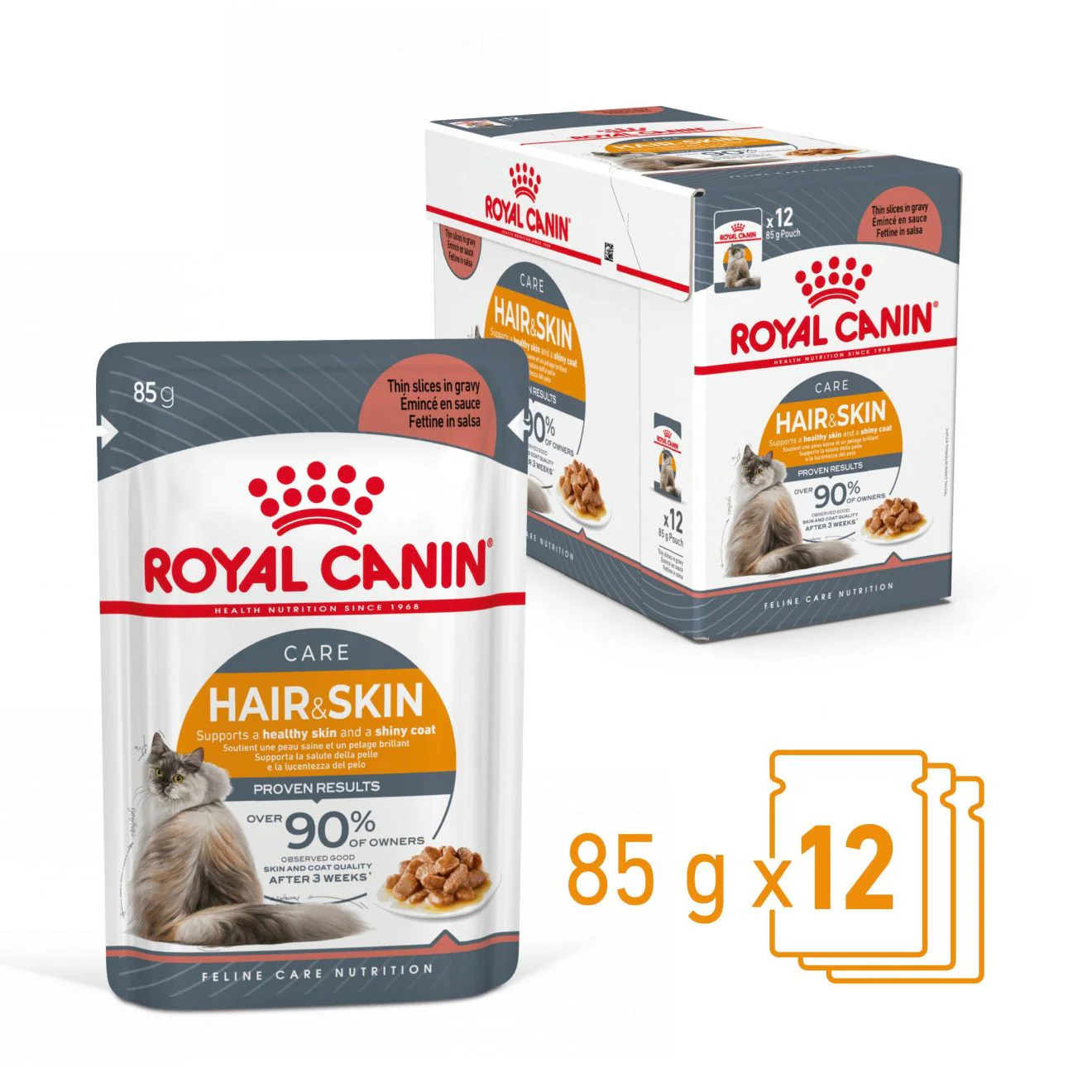 ROYAL CANIN Hair & Skin Care Adult Wet Cat Food In Gravy - 12x85g Pouches