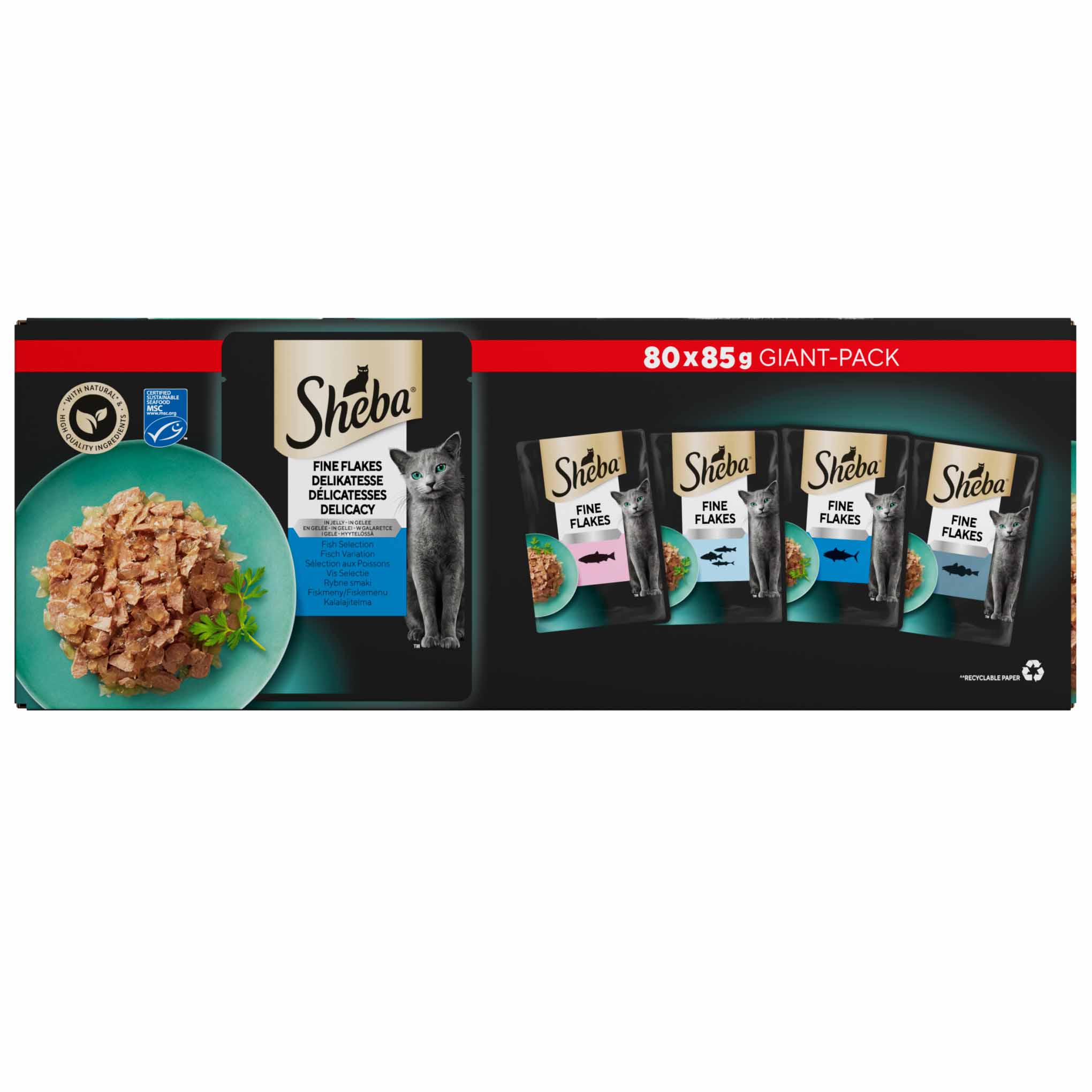 SHEBA Fine Flakes Adult Wet Cat Food in Jelly - Fish - 80x85g Pouches - Image 2