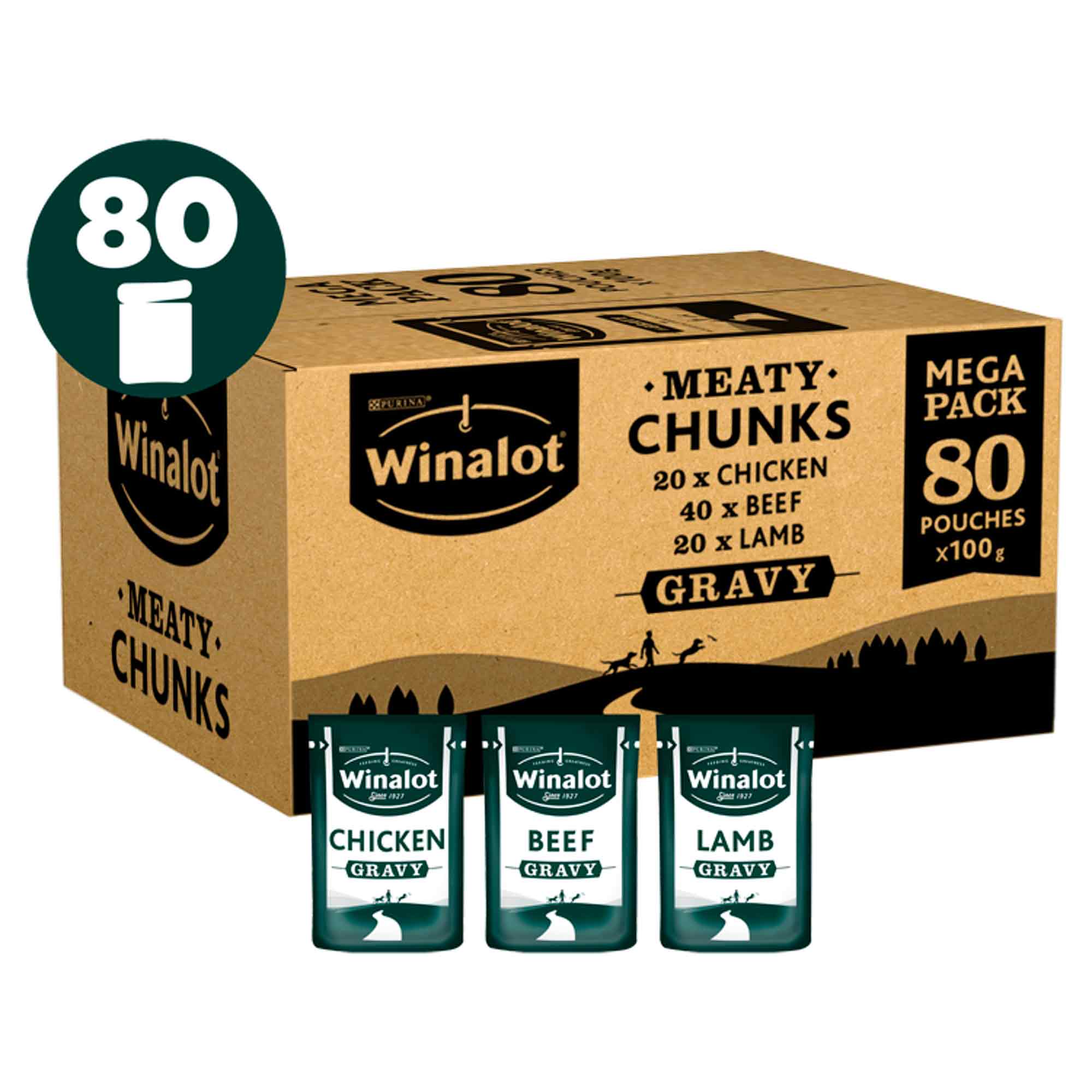 Winalot Meaty Chunks Adult Wet Dog Food in Gravy - Mixed - 80x100g Pouches